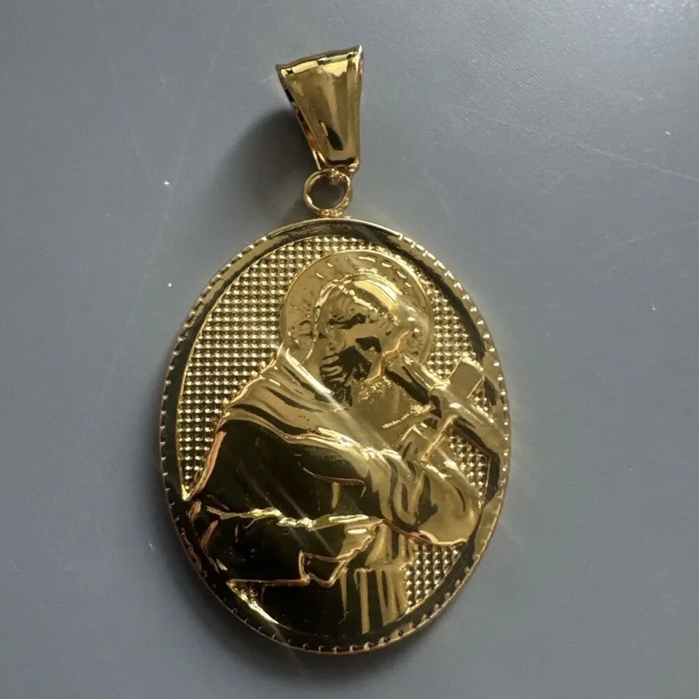 Gold-Tone Saint Peregrine Medal Pendant Patron 24” Chain Stainless Steel Cross